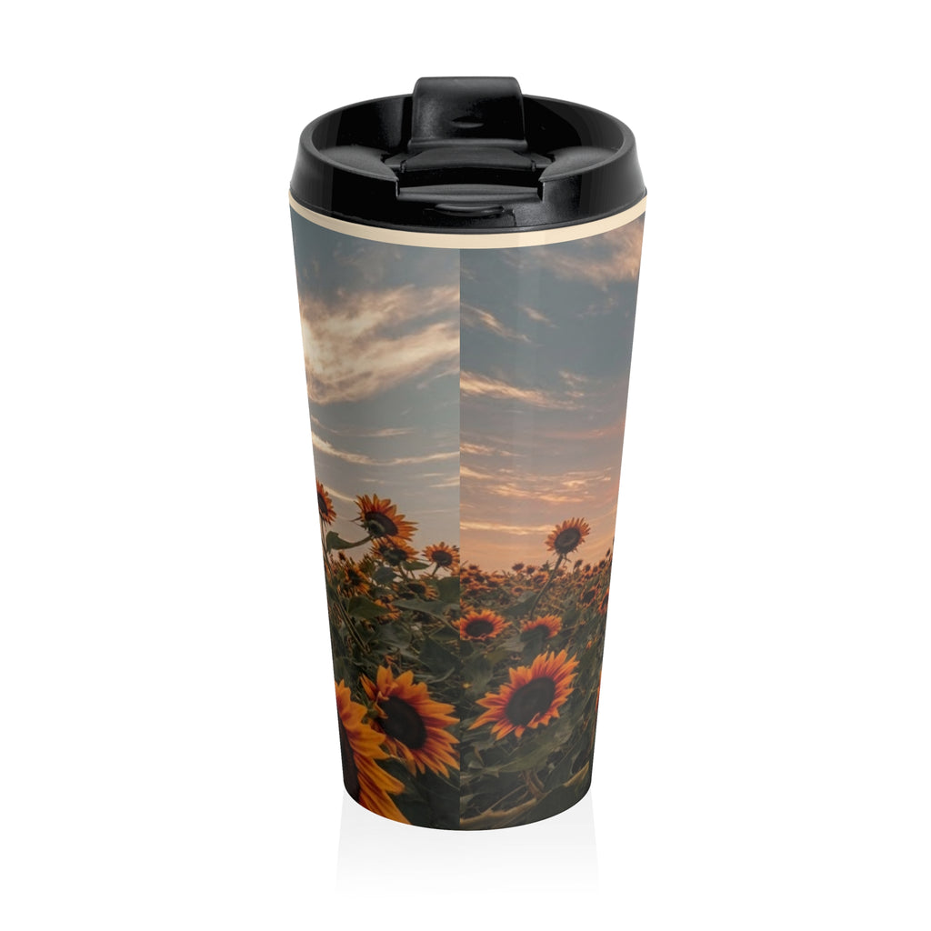 Sunflower Field Stainless Steel Travel Mug — Sunset Floral Insulated Tumbler