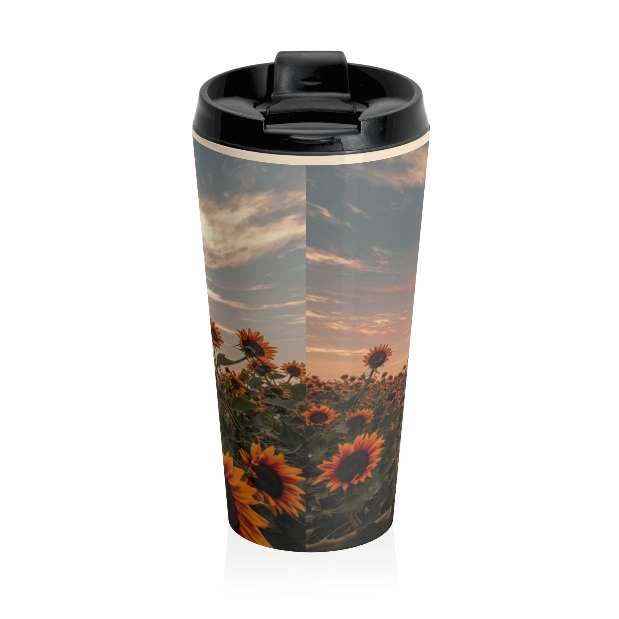 Sunflower Field Stainless Steel Travel Mug — Sunset Floral Insulated Tumbler