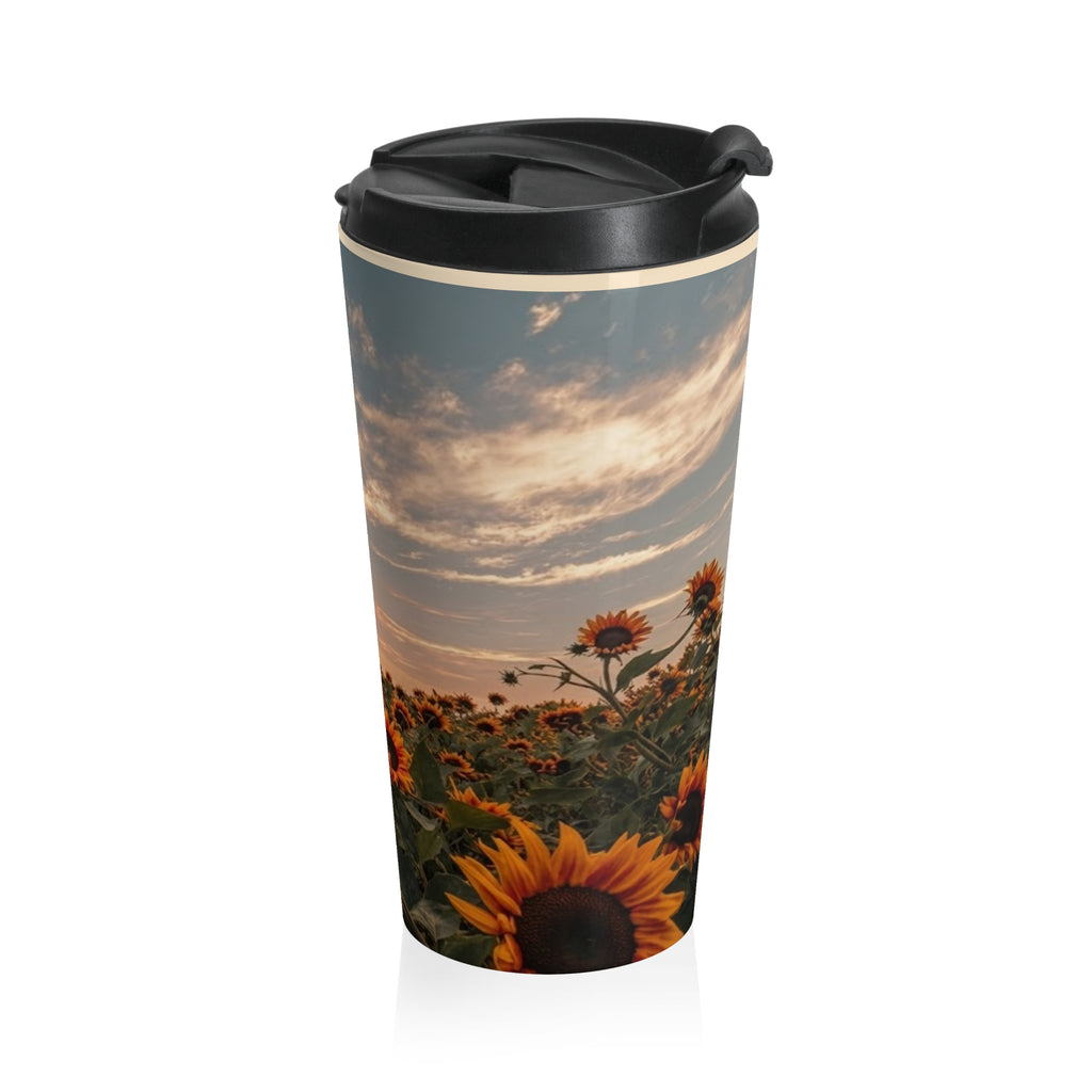 Sunflower Field Stainless Steel Travel Mug — Sunset Floral Insulated Tumbler
