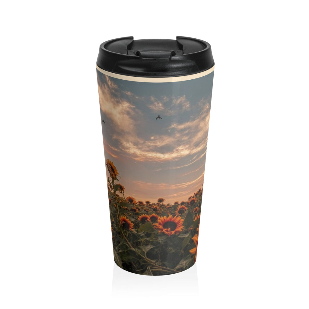 Sunflower Field Stainless Steel Travel Mug — Sunset Floral Insulated Tumbler