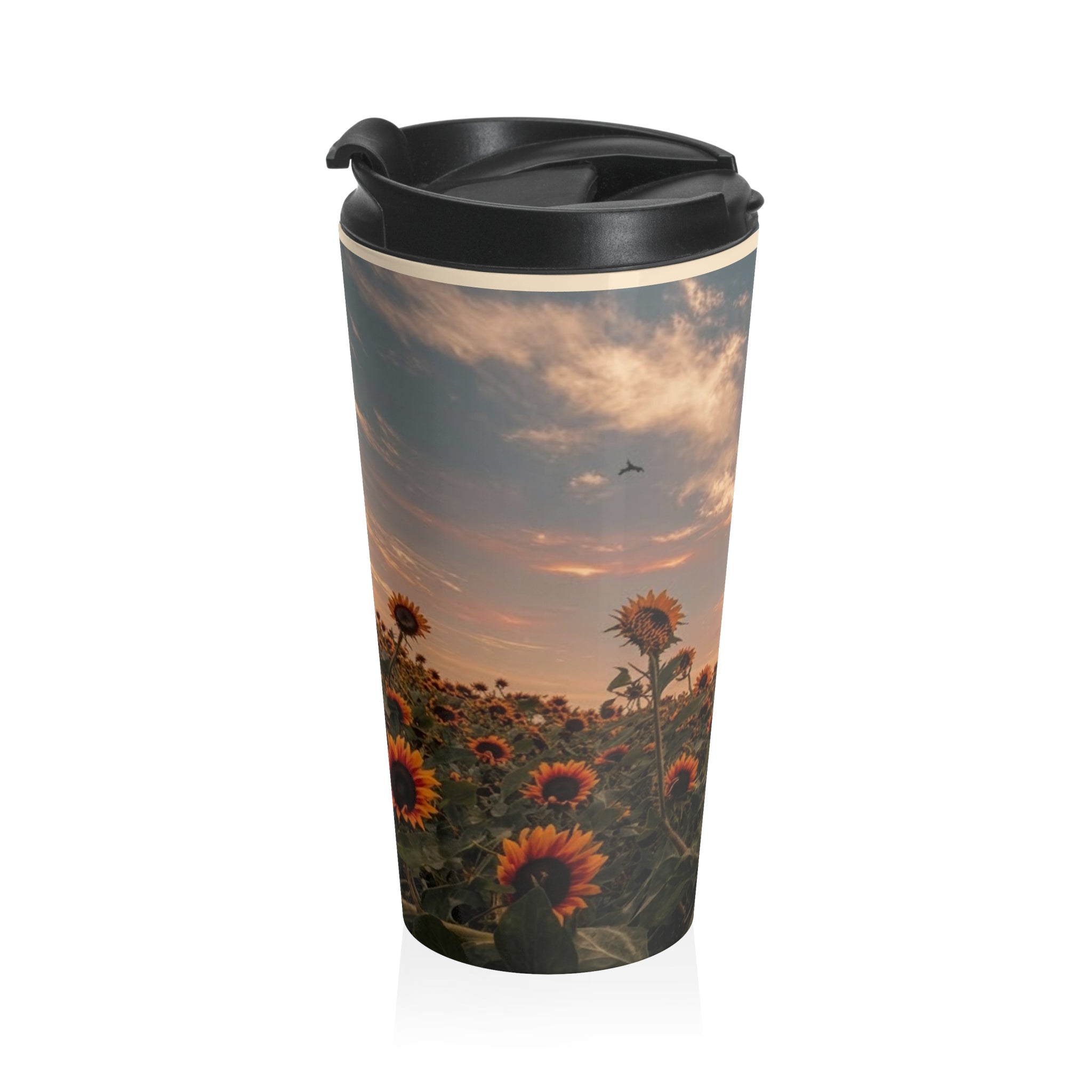 Sunflower Field Stainless Steel Travel Mug — Sunset Floral Insulated Tumbler